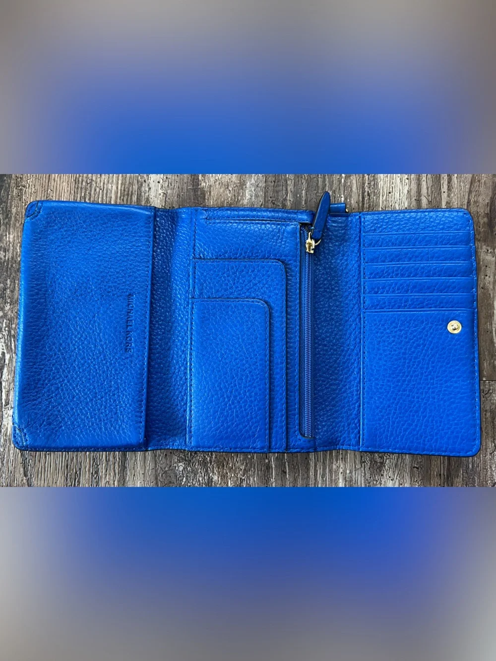 Michael Kors Electric Blue Pebbled Leather Wallet with Gold MK Emblem